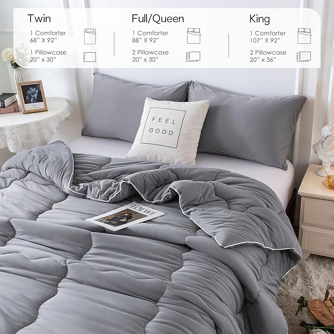 COTTEBED Ultra-Soft Comforter Set Queen/Full Size Bed, Jersey Knit T-Shirt Feeling Fluffy Cozy Comy Durable Lightweight Quilt Bedding Down Blanket & 2 Pillowcase for All Season Use, Dark Grey - LeafyLoom