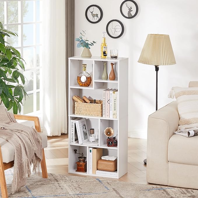 VECELO 42" Modern White Bookshelf, 7 Cube Organizer Bookcase,Fits Tallest Hardcovers, Horizontal Available,Floor Standing Display,Easy Assembly, Pearl White - LeafyLoom