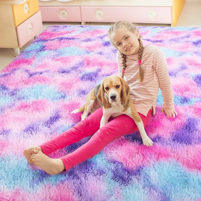 AROGAN Soft Rainbow Area Rugs for Girls Room 4x6 Feet, Fluffy Bedroom Rugs, Princess Rug, Cute Colorful Carpet for Kids Teens Nursery Toddler, Hot Pink - LeafyLoom