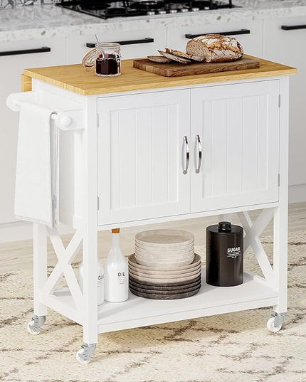 Spirich Home Kitchen Island on Wheels, Rolling Cart with Storage Cabinet, Small Kitchen Island with Drop Leaf and Towel Rack for Dining Room, White - LeafyLoom