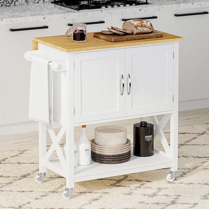 Spirich Home Kitchen Island on Wheels, Rolling Cart with Storage Cabinet, Small Kitchen Island with Drop Leaf and Towel Rack for Dining Room, White - LeafyLoom