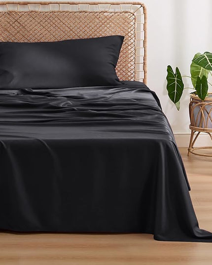 Bedsure Twin XL Sheet Set Dorm Bedding, Cooling Sheets Twin Extra Long Sheets, Rayon Derived from Bamboo, Deep Pocket Up to 16", Hotel Luxury Silky Bedding Sheets & Pillowcases, Black - LeafyLoom