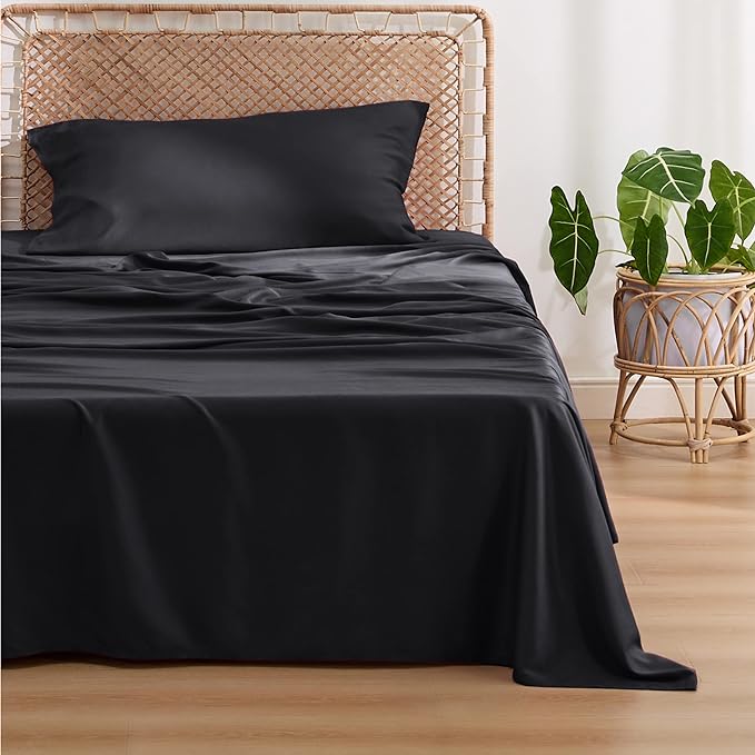 Bedsure Twin Sheets Set, Cooling Sheets Twin Size Bed Set, Rayon Derived from Bamboo, Twin Size Sheets, Breathable & Soft Bed Sheets, Hotel Luxury Silky Bedding Sheets & Pillowcases, Black - LeafyLoom