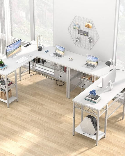 Unikito Magic Portable 4 Outlets L Shaped Desk, Reversible 55 Inch L-Shaped Computer Desk with Storage Shelf and USB Charging Port, Unique Grid Design, Large Gaming Corner Table for Home Office, White - LeafyLoom