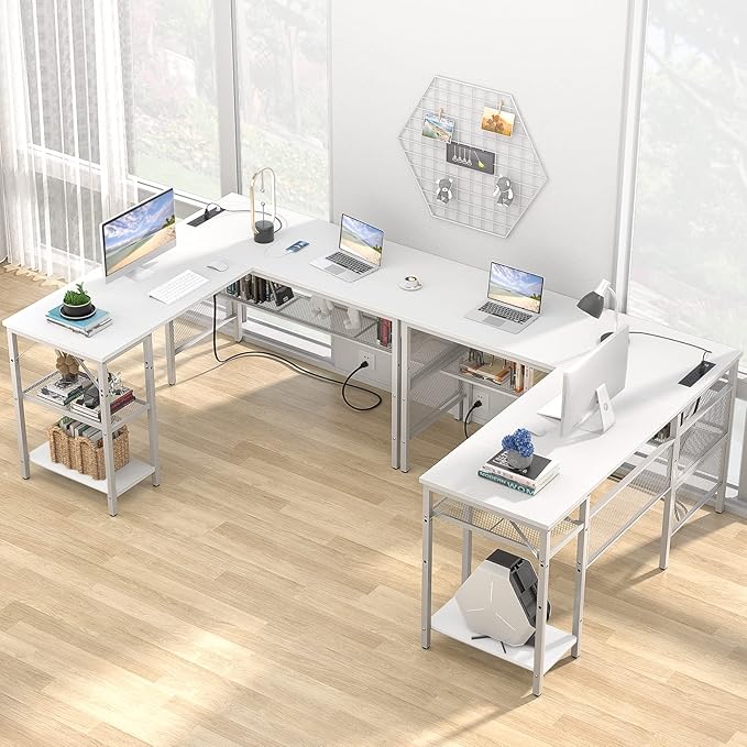 Unikito Magic Portable 4 Outlets L Shaped Desk, Reversible 55 Inch L-Shaped Computer Desk with Storage Shelf and USB Charging Port, Unique Grid Design, Large Gaming Corner Table for Home Office, White - LeafyLoom