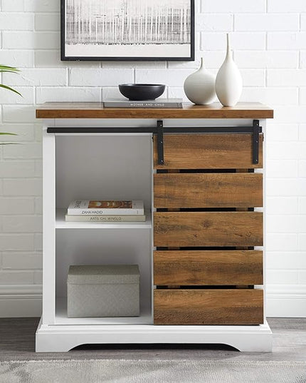 Walker Edison Willa Modern Farmhouse Sliding Single Slat Door Storage Console, 32 Inch, White and Rustic Oak - LeafyLoom