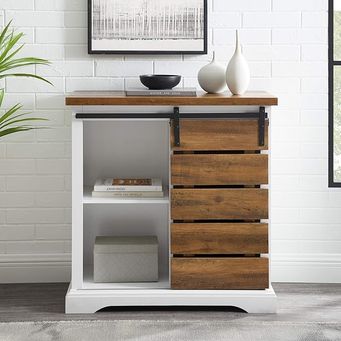 Walker Edison Willa Modern Farmhouse Sliding Single Slat Door Storage Console, 32 Inch, White and Rustic Oak - LeafyLoom