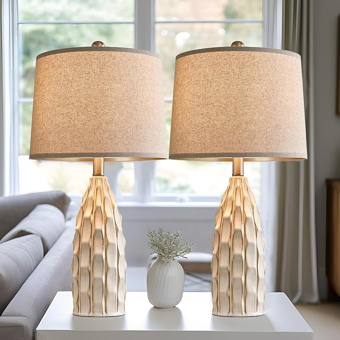 23.75 inch Modern Ceramic Lamps Set of 2 for Living Room Study Room Office Dorm Farmhouse Nightstand, End Table Lamps - LeafyLoom