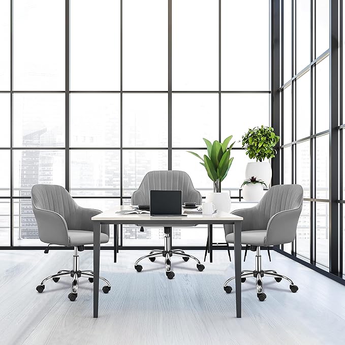 Yaheetech Modern Velvet Desk Chair Vanity Chair Height-Adjustable Swivel Computer Chair for Makeup Room Living Room Bedroom Soft Upholstered Office Chair Light Gray - LeafyLoom
