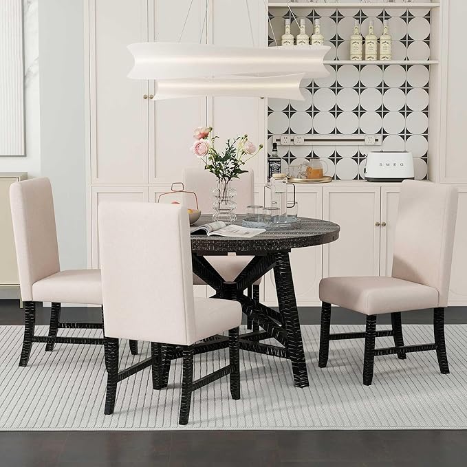 Merax 5-Piece Retro Functional Dining Set with Extendable Kitchen 16" Removable Middle Leaf Including 4 Upholstered Backrest Cusioned, Living Room, Apartment, 58" Extenable Round Table+4 Chairs, Black - LeafyLoom