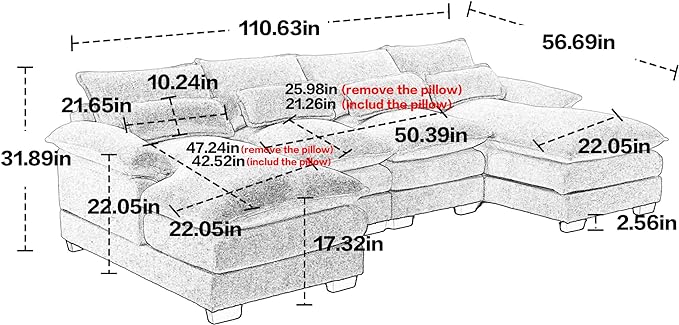 110.63" Chenille Fabric Upholstered Sectional Sofa with Double Chaises & Solid Wood Legs, U-Shape Oversized Modular Couch with 2 Layered & Detachable Seat Cushions for Living Room, Apartment - LeafyLoom