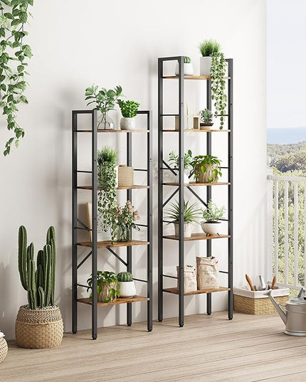 Tajsoon 5 Tier Ladder Bookshelf Industrial Ladder Shelf, Narrow Tall Skinny Bookshelf with Metal Frame, Multipurpose Standing Book Shelf for Bedroom, Living Room, Kitchen, Home Office, Rustic Brown - LeafyLoom