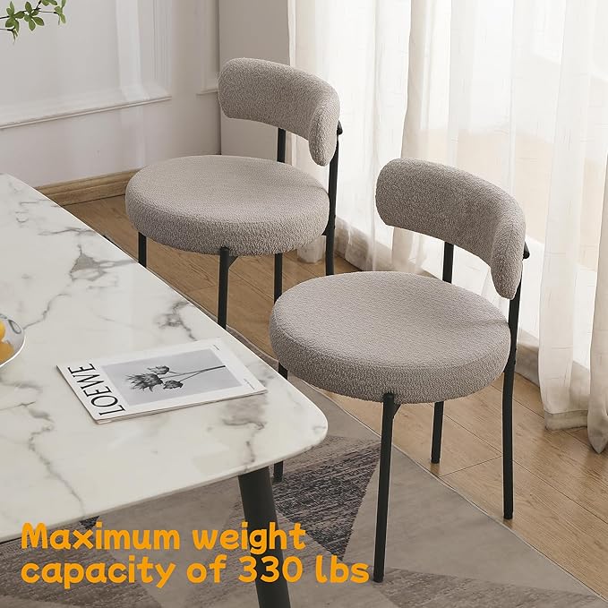 EDWELL Grey Dining Chairs Set of 6, Mid Century Modern Dining Room Chairs with 3.94” Cushions, Round Upholstered Boucle Chairs with Black Metal Legs for Kitchen, Living Room - LeafyLoom