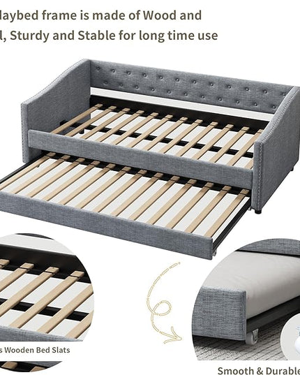 Twin Daybed Frame with Trundle,Upholstered Sofa Bed W/Button & Nailhead Tufted Design,Wood Slats Support,Saving Space,Linen Fabric Bedframe for Living Room Bedroom Apartment,Light Gray - LeafyLoom