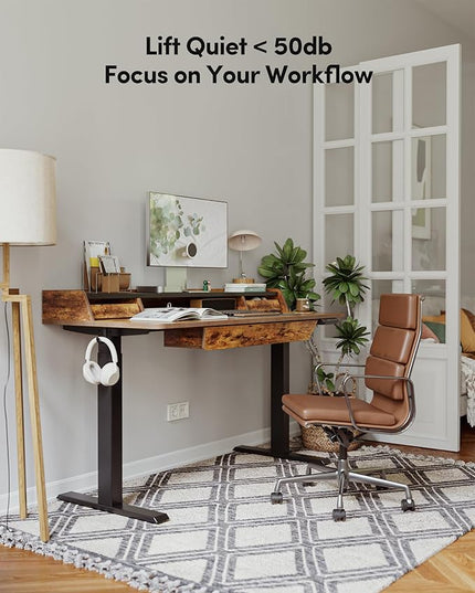 BANTI 48 x 24 Inch Electric Standing Desk with 3 Drawers, Adjustable Height Stand Up Desk, Sit Stand Home Office Desk with Storage Shelf, Rustic Brown Top - LeafyLoom