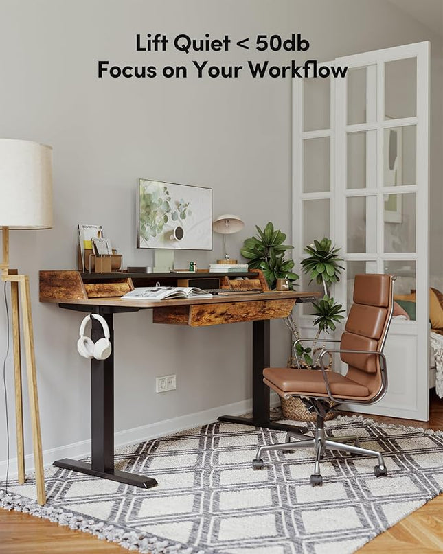 BANTI 48 x 24 Inch Electric Standing Desk with 3 Drawers, Adjustable Height Stand Up Desk, Sit Stand Home Office Desk with Storage Shelf, Rustic Brown Top - LeafyLoom
