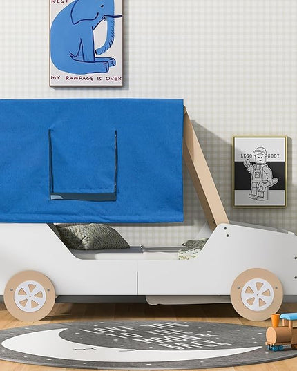 Twin Size Kids Car Bed with Tent Canopy & Wheels,Wood Bedframe W/Safty Grille,Raised Base Design,Easy Assembly,Toddler Boys Car-Shaped Bedroom Beds for Reading Playing Relaxing,White+Natural - LeafyLoom