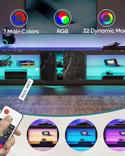 Bestier 80 Inch TV Stand for 65/75/85 inch TVs, Modern LED Entertainment Center with Storage Cabinet, Adjustable Glass Shelves ＆ Cable Management, Gaming TV Console Table for Living Room, Black Marble - LeafyLoom