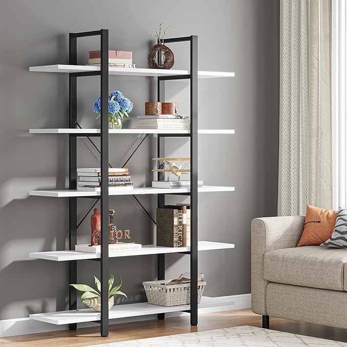 Tribesigns 5-Tier Bookshelf, Vintage Industrial Style Bookcase 72 H x 12 W x 47L Inches, White - LeafyLoom