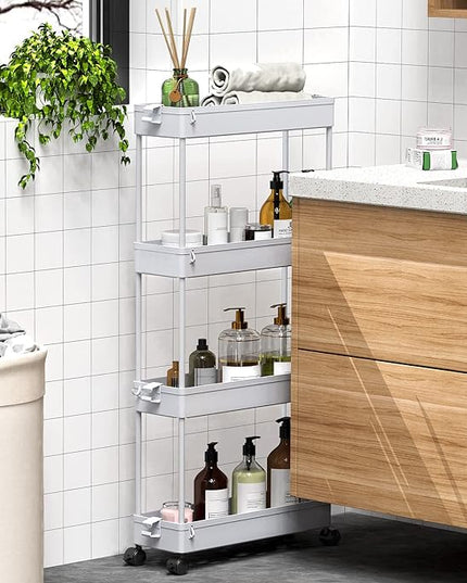 SPACEKEEPER Slim Rolling Storage Cart 4 Tier Bathroom Organizer Mobile Shelving Unit Storage Rolling Utility Cart Tower Rack for Kitchen Bathroom Laundry Narrow Places, Gray - LeafyLoom