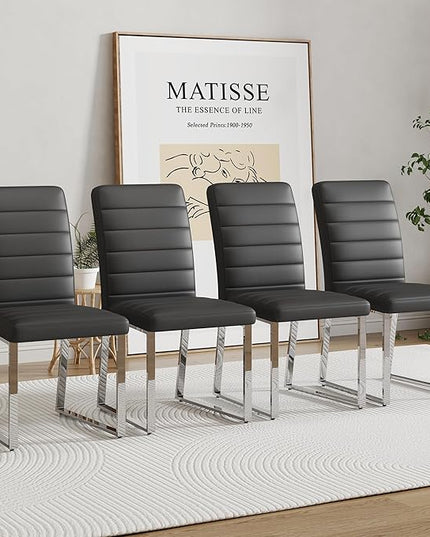 Dining Chairs Set of 4 Modern Faux Leather High Back Dining Room Kitchen Chairs with Silver Metal Legs,Chairs for Dining Room, Kitchen,Living Room, and Restaurants,Black - LeafyLoom