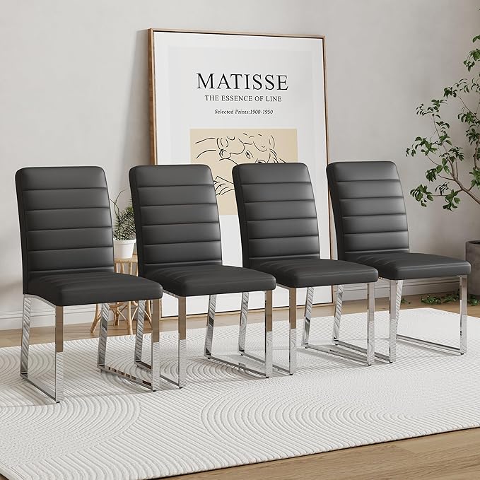 Dining Chairs Set of 4 Modern Faux Leather High Back Dining Room Kitchen Chairs with Silver Metal Legs,Chairs for Dining Room, Kitchen,Living Room, and Restaurants,Black - LeafyLoom