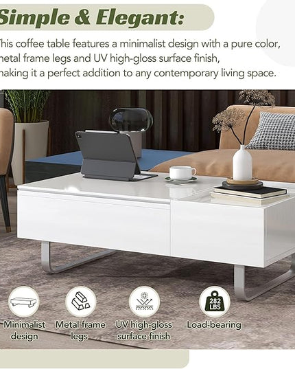 Lift Top Coffee Table, 45 Inch Contemporary Center Table with Drawer and Metal Frame Legs, High-Gloss Surface Coffee Tables for Living Room, White - LeafyLoom