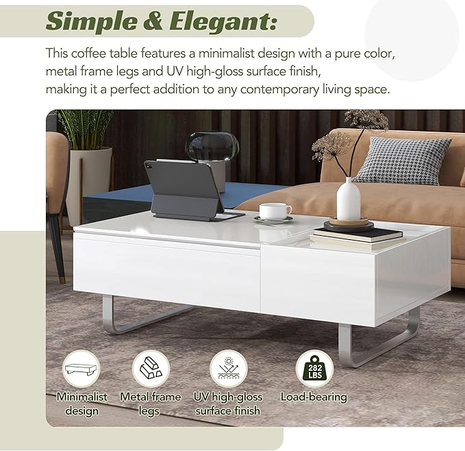 Lift Top Coffee Table, 45 Inch Contemporary Center Table with Drawer and Metal Frame Legs, High-Gloss Surface Coffee Tables for Living Room, White - LeafyLoom