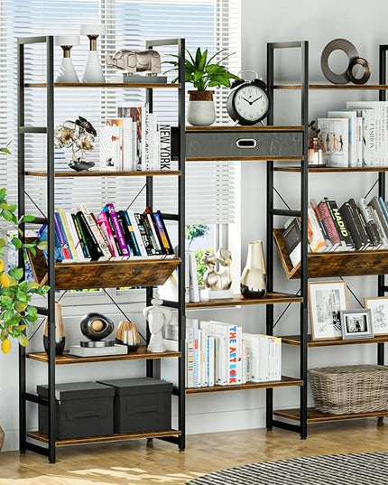 NUMENN Triple Wide 5 Tier Bookshelf, Adjustable Rustic Industrial Style Book Shelves, Modern Bookcases and Bookshelves Furniture for Bedroom, Living Room and Home Office, Vintage Brown - LeafyLoom