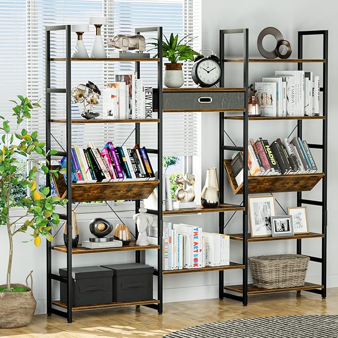 NUMENN Triple Wide 5 Tier Bookshelf, Adjustable Rustic Industrial Style Book Shelves, Modern Bookcases and Bookshelves Furniture for Bedroom, Living Room and Home Office, Vintage Brown - LeafyLoom
