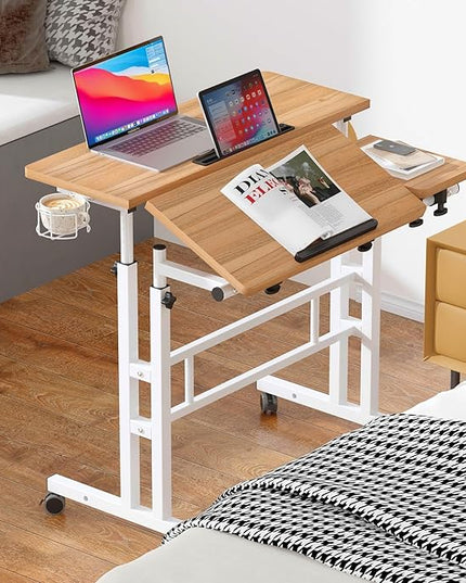 soges Rolling Standing Desk, Height Adjustable Home Office Desk, Mobile Sit-Stand Laptop Desk with Cup Holder and Hook, Portable Desk with Wheels, Oak - LeafyLoom