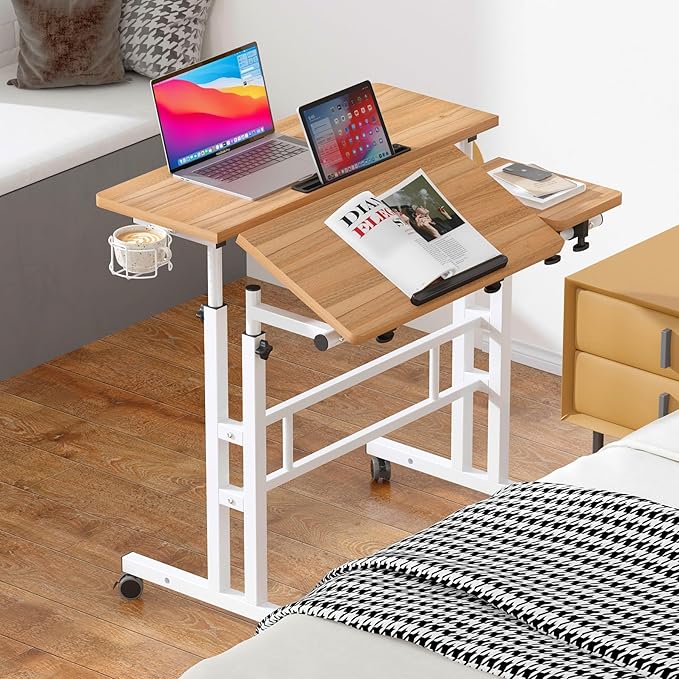 soges Rolling Standing Desk, Height Adjustable Home Office Desk, Mobile Sit-Stand Laptop Desk with Cup Holder and Hook, Portable Desk with Wheels, Oak - LeafyLoom