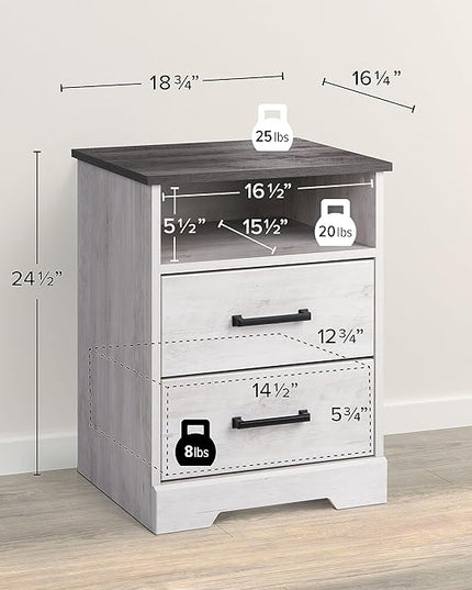 Prepac Rustic Ridge Farmhouse Nightstand with 2 Drawers and an Open Cubby, Wooden Bedside Table for Bedroom, Office, or Living Room, 16.25in x 18.75in x 24.5in, Washed White - LeafyLoom