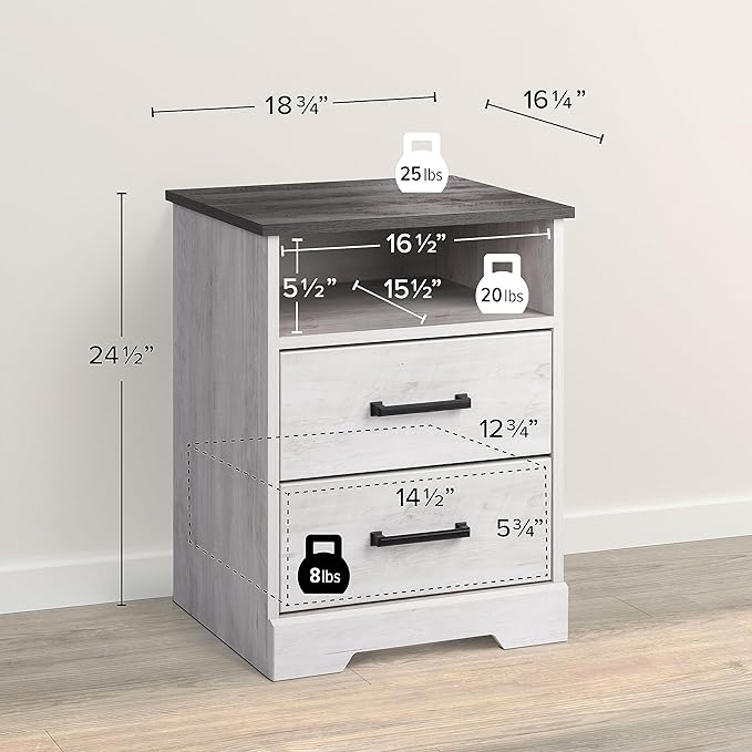Prepac Rustic Ridge Farmhouse Nightstand with 2 Drawers and an Open Cubby, Wooden Bedside Table for Bedroom, Office, or Living Room, 16.25in x 18.75in x 24.5in, Washed White - LeafyLoom