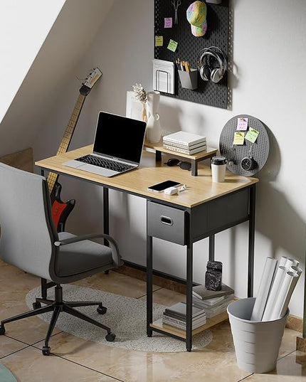 Pamray 39 Inch Computer Desk with Monitor Stand Small Home Office Desks with Non-Woven Storage Drawer for Bedroom Study Table Writing and Work Desk Walnut - LeafyLoom