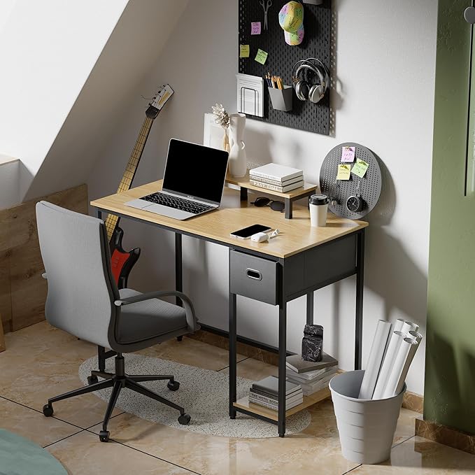 Pamray 39 Inch Computer Desk with Monitor Stand Small Home Office Desks with Non-Woven Storage Drawer for Bedroom Study Table Writing and Work Desk Walnut - LeafyLoom