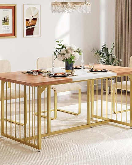 DWVO 70.8" Large Kitchen Dining Table for 6-8 People, Modern Rectangular Wood Dinner Table, Rustic Kitchen Table with Heavy Duty Metal Gold Legs for Dining Room - LeafyLoom