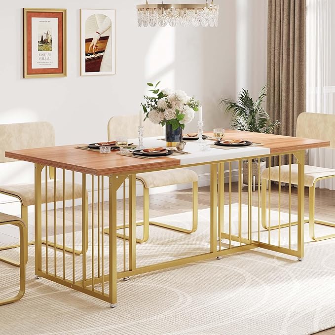 DWVO 70.8" Large Kitchen Dining Table for 6-8 People, Modern Rectangular Wood Dinner Table, Rustic Kitchen Table with Heavy Duty Metal Gold Legs for Dining Room - LeafyLoom