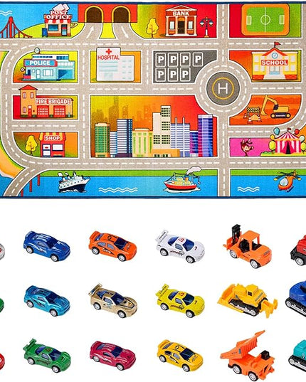 Booooom Jackson Kids Carpet Playmat Rug with 18 Toy Cars Kids Rug for Age 3+ Colorful Non Slip City Rug for Kids Track Rug Play Mat Playroom Bedroom Classroom Nursery Rug - LeafyLoom