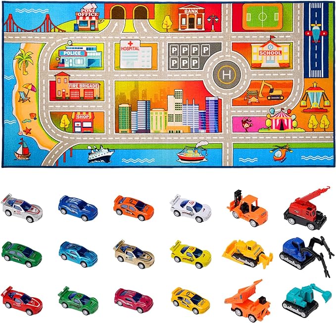 Booooom Jackson Kids Carpet Playmat Rug with 18 Toy Cars Kids Rug for Age 3+ Colorful Non Slip City Rug for Kids Track Rug Play Mat Playroom Bedroom Classroom Nursery Rug - LeafyLoom