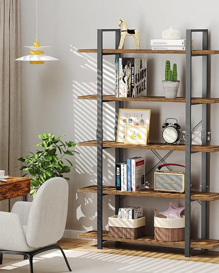 FRAPOW 5 Tier Bookshelf, 70 inch Tall Solid Bookcase Industrial Wooden Bookshelves Large Wall Etagere Rustic Vintage Book Shelf with Metal Frame Open Storage Rack for Living Room Home Office - LeafyLoom