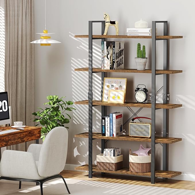 FRAPOW 5 Tier Bookshelf, 70 inch Tall Solid Bookcase Industrial Wooden Bookshelves Large Wall Etagere Rustic Vintage Book Shelf with Metal Frame Open Storage Rack for Living Room Home Office - LeafyLoom