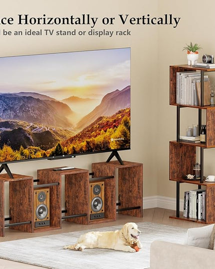 Furologee 6-Tier Bookshelf, Tall S-Shaped Geometric Bookcase, Industrial Freestanding Display Shelf Unit, Wood and Metal Decorative Room Divider for Living Room Bedroom, Home Office, Rustic Brown - LeafyLoom