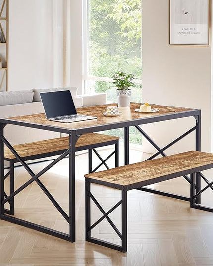 VECELO 55" Kitchen Table Set for 4-6, Wood Dining Room Dinette 2 Benches with Metal Frame for Breakfast Nook and Small Space, Brown - LeafyLoom