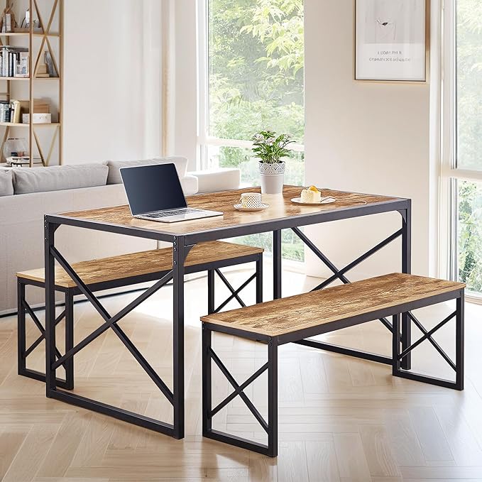 VECELO 55" Kitchen Table Set for 4-6, Wood Dining Room Dinette 2 Benches with Metal Frame for Breakfast Nook and Small Space, Brown - LeafyLoom