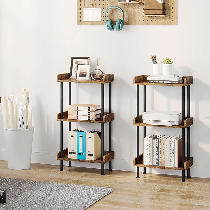 Bookshelf Small Book Shelf: 3-Tier Wood Bookcase Industrial Bookshelf Metal Standing Book Shelves Display Book Rack for Living Room Bedroom Home Office (Rustic Brown) - LeafyLoom