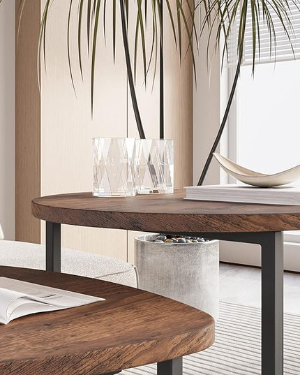Round Coffee Table Set of 2 End Tables for Living Room,Black Small Coffee Table Living Room Table,Metal Frame & Wood,Sturdy and Easy Assembly,Stacking Side Tables Bedroom,Brown - LeafyLoom