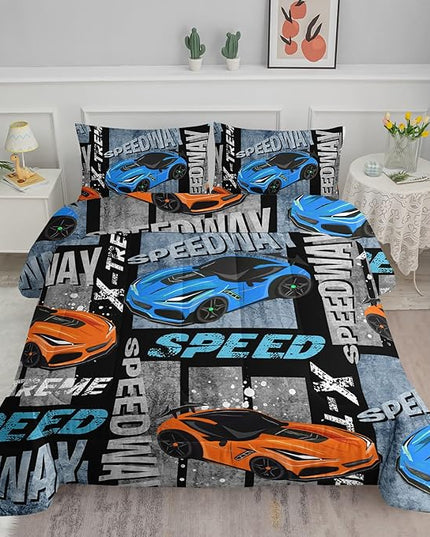 Datura home Sports Car Comforter Set Vintage Racing Car Printed Quilt Bedding Set with 1 Comforter and 2 Pillowcases for Boys and Girls Bedroom All Season(Sports Car Queen) - LeafyLoom