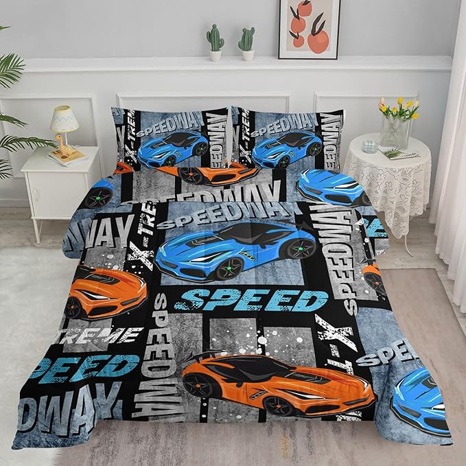 Datura home Sports Car Comforter Set Vintage Racing Car Printed Quilt Bedding Set with 1 Comforter and 2 Pillowcases for Boys and Girls Bedroom All Season(Sports Car Queen) - LeafyLoom