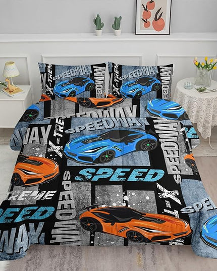 Datura home Sports Car Comforter Set Vintage Racing Car Printed Quilt Bedding Set with 1 Comforter and 2 Pillowcases for Boys and Girls Bedroom All Season(Sports Car Full) - LeafyLoom